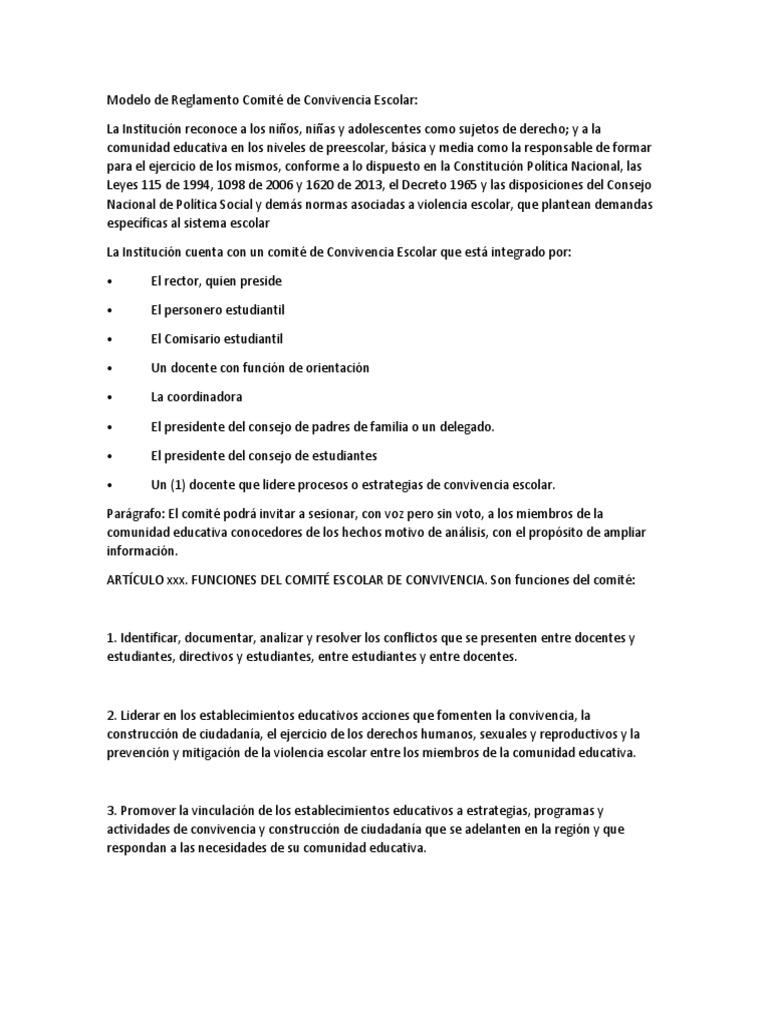 Reglamento del Comité de Convivencia Escolar | PDF