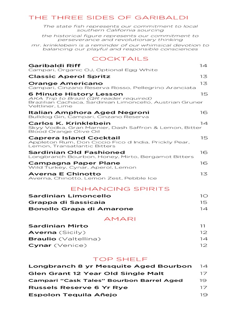 Garibaldi Bar Menu | PDF