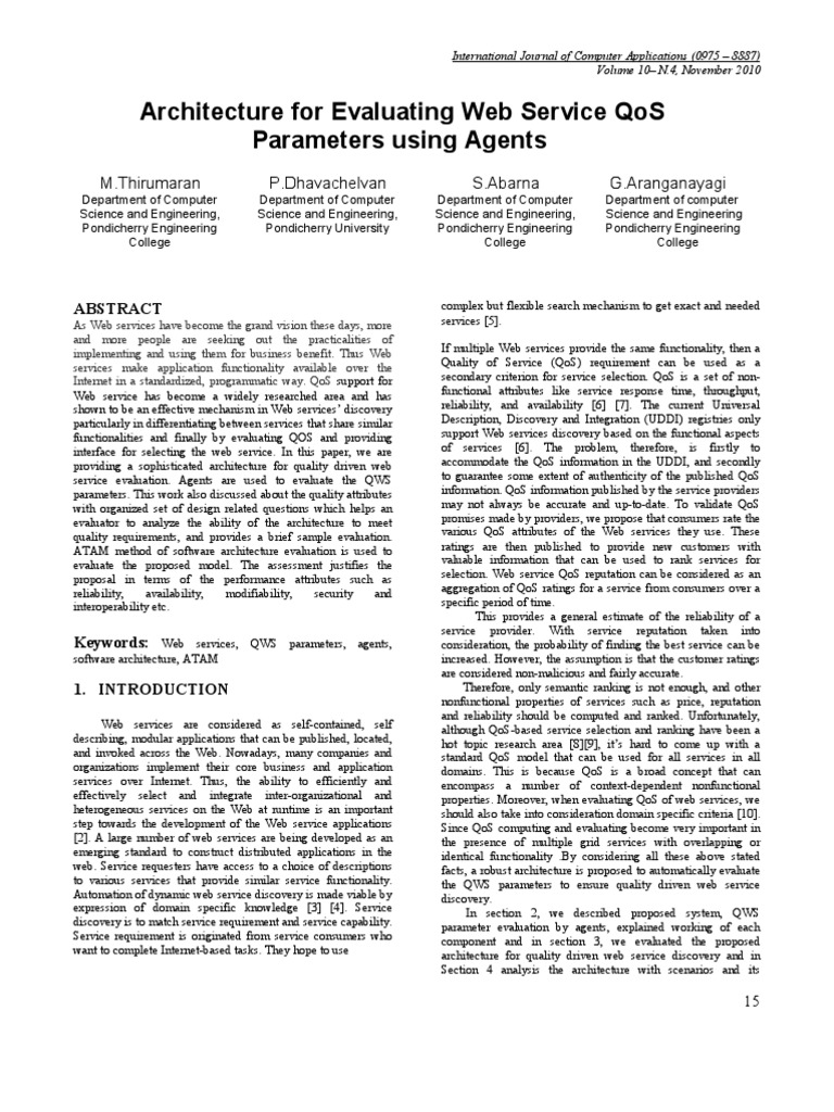 Architecture For Evaluating Web Service Qos Parameters Using Agents | PDF