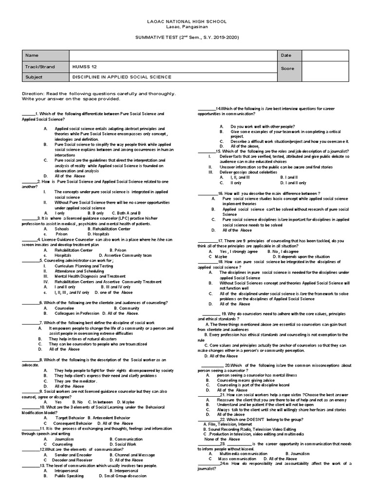 HUMSS 12 Summative Test Overview | PDF | Career & Growth | Science ...