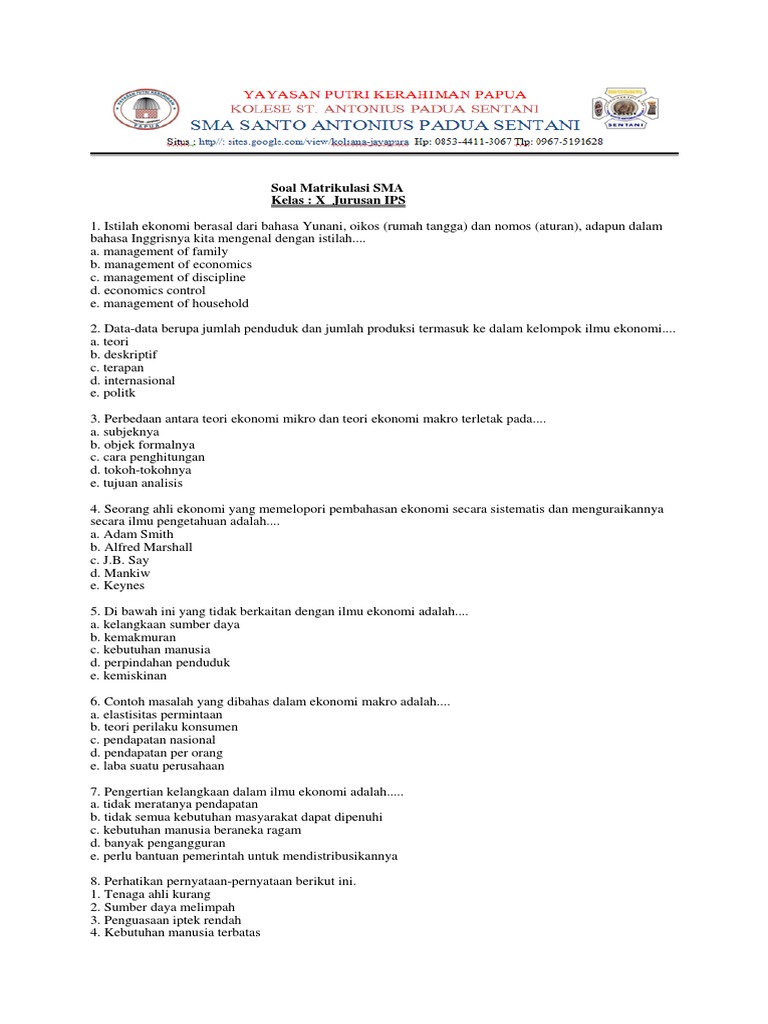 Soal Matrikulasi Sma
