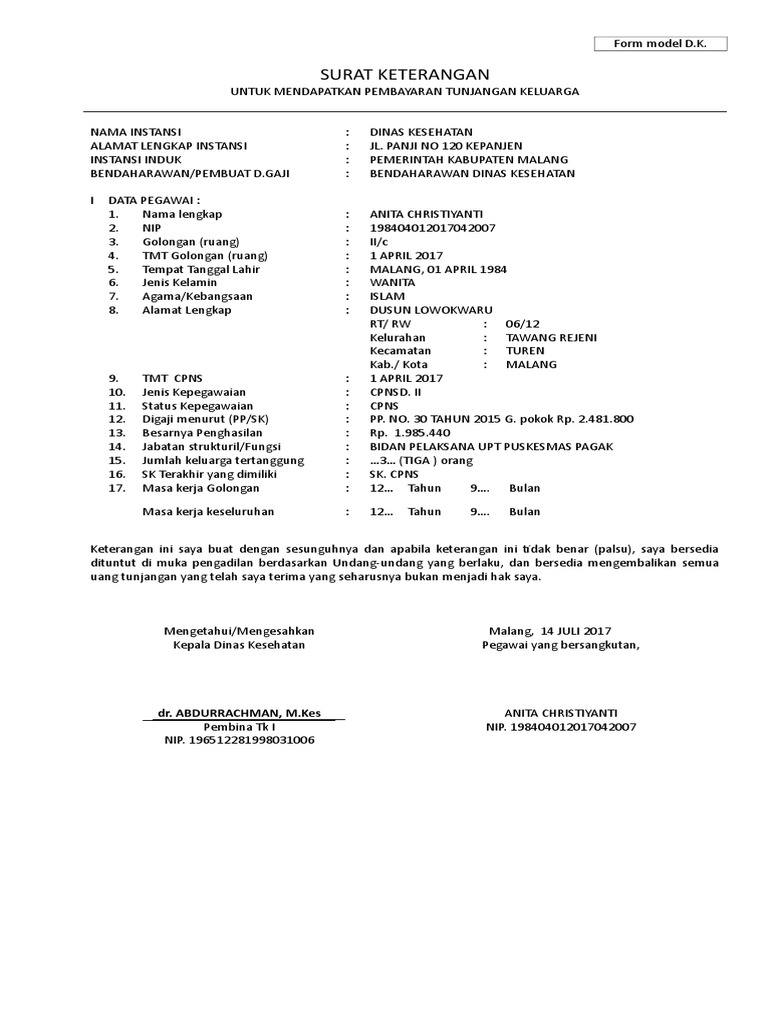 Model Form Tunjangan Keluarga CPNS | PDF