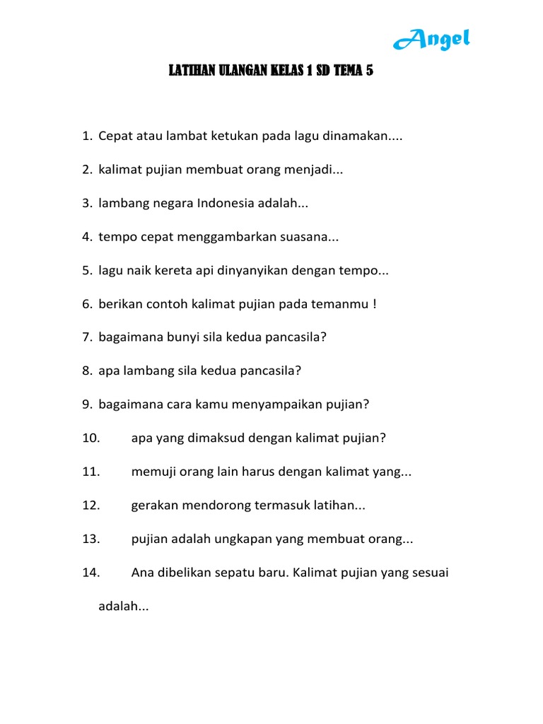 Latihan Ulangan Kelas 1 Sd Tema 5 Pdf