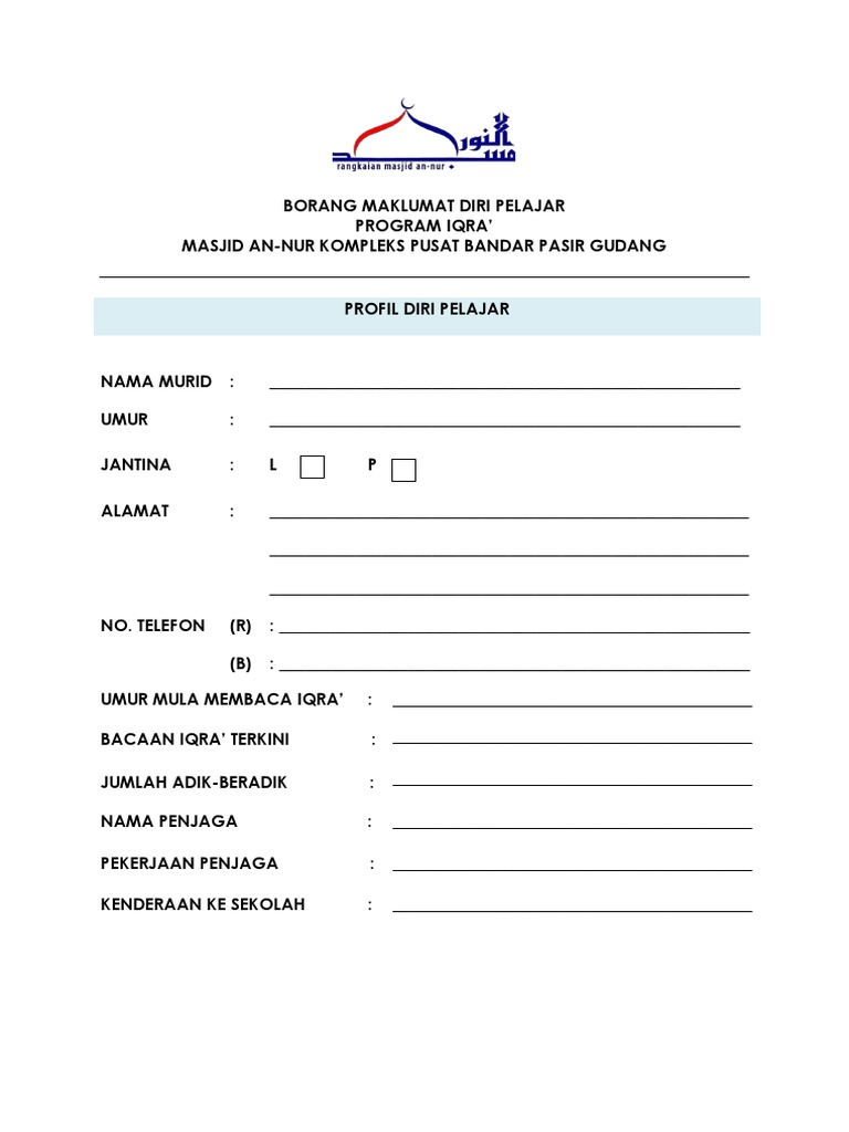 Contoh BORANG MAKLUMAT DIRI PELAJAR  PDF