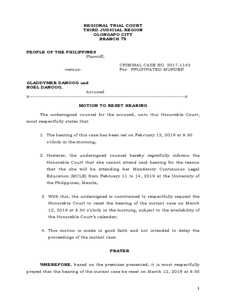 Motion To Reset Hearing - BR75 Danoog | PDF