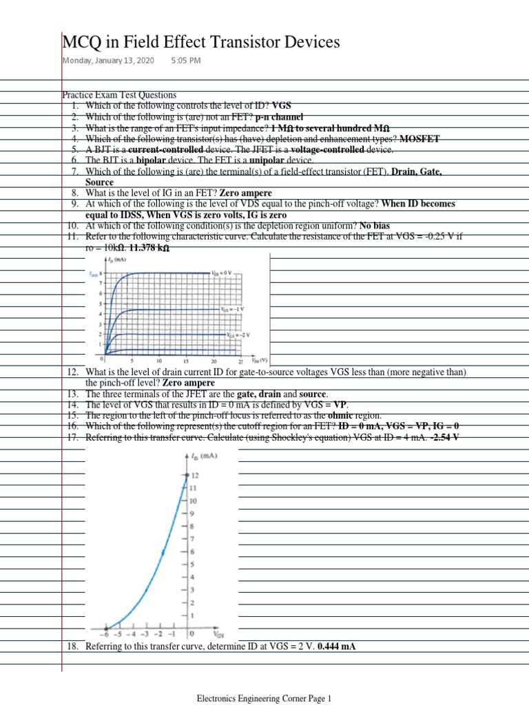 MCQ in Field Effect Transistor Devices PDF