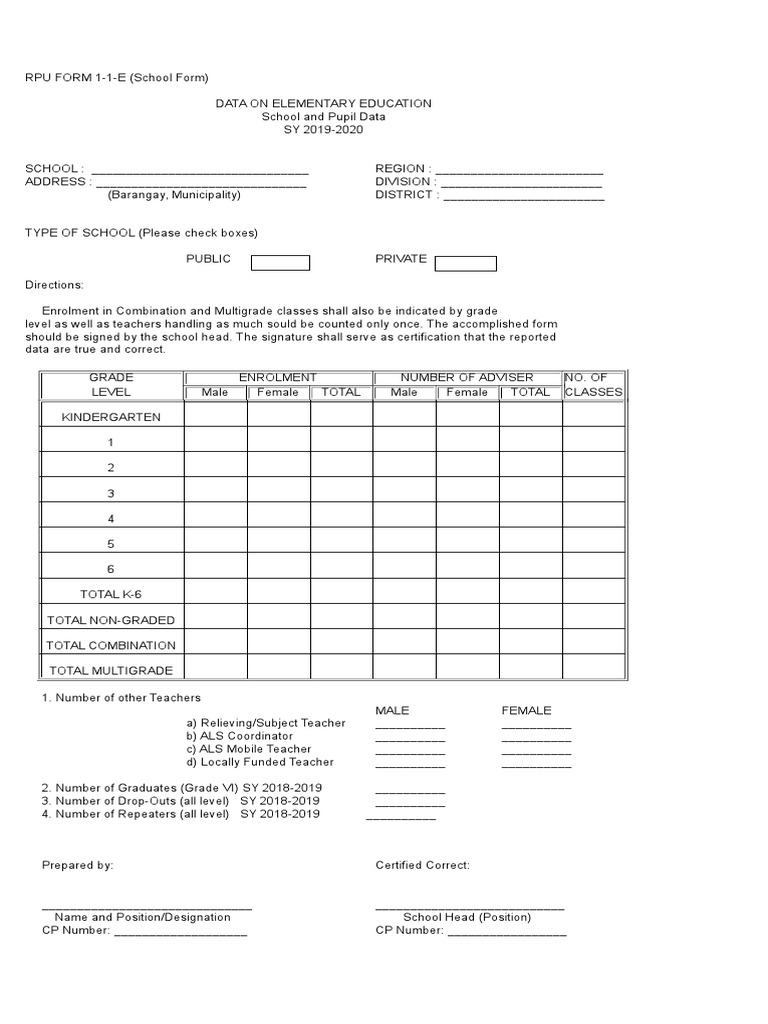 RPU Enrollment Data Form 1-1-E | PDF