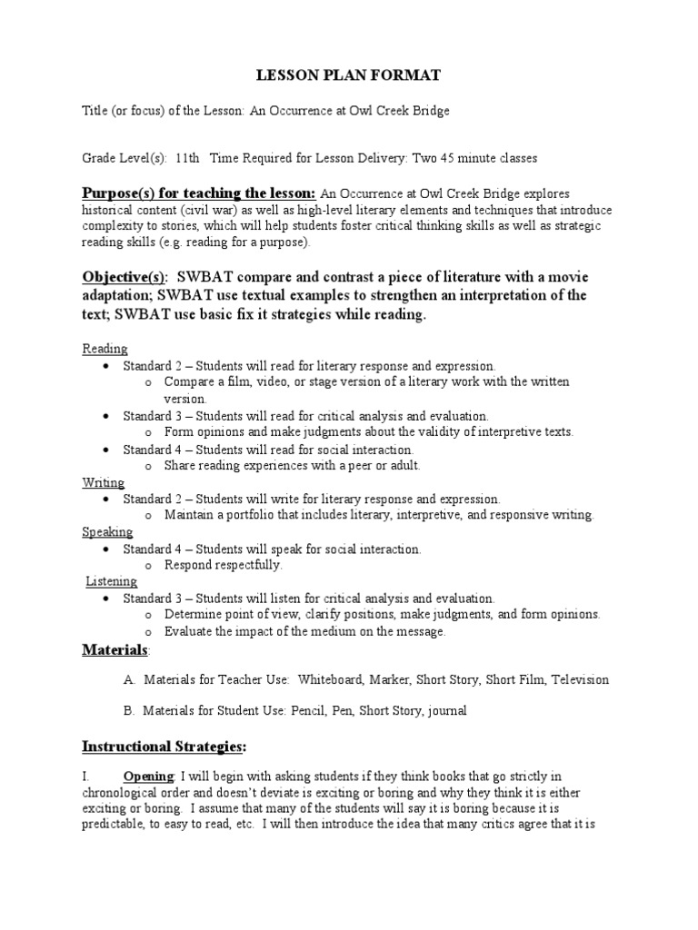 An Occurence At Owl Creek Bridge Reading Lesson Lesson Plan Vocabulary