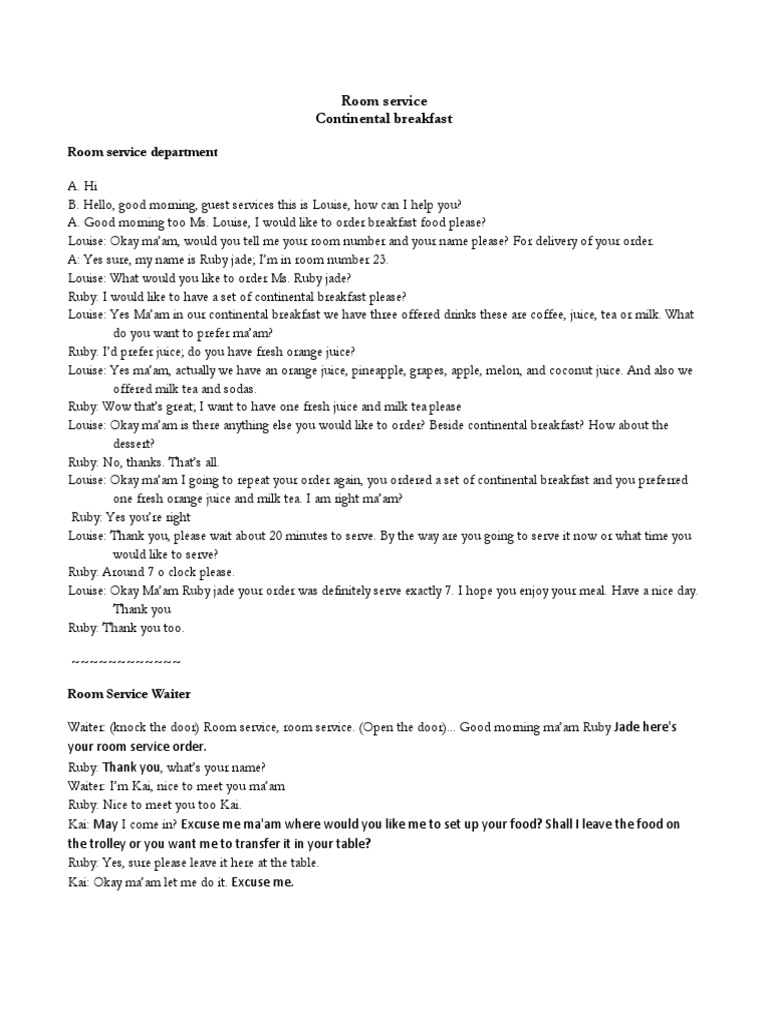 Room Service Continental Breakfast Order | PDF