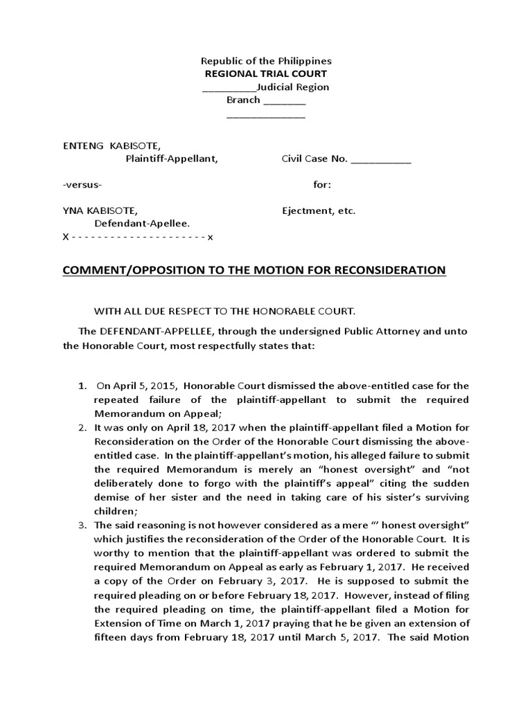 Comment or Opposition To The Motion For Reconsideration PDF