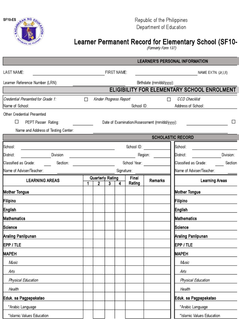 School Form 10 ES Learners Permanent Record | PDF