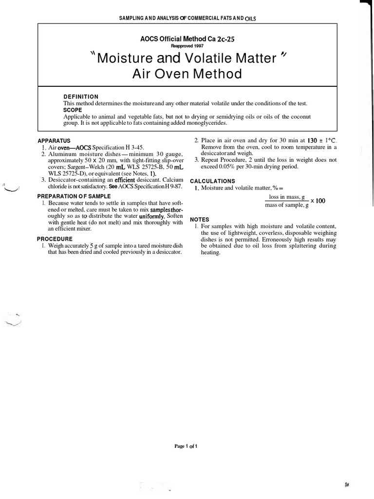 AOCS Official Method Ca 2c25, Moisture and Volatile Matter, Air Oven