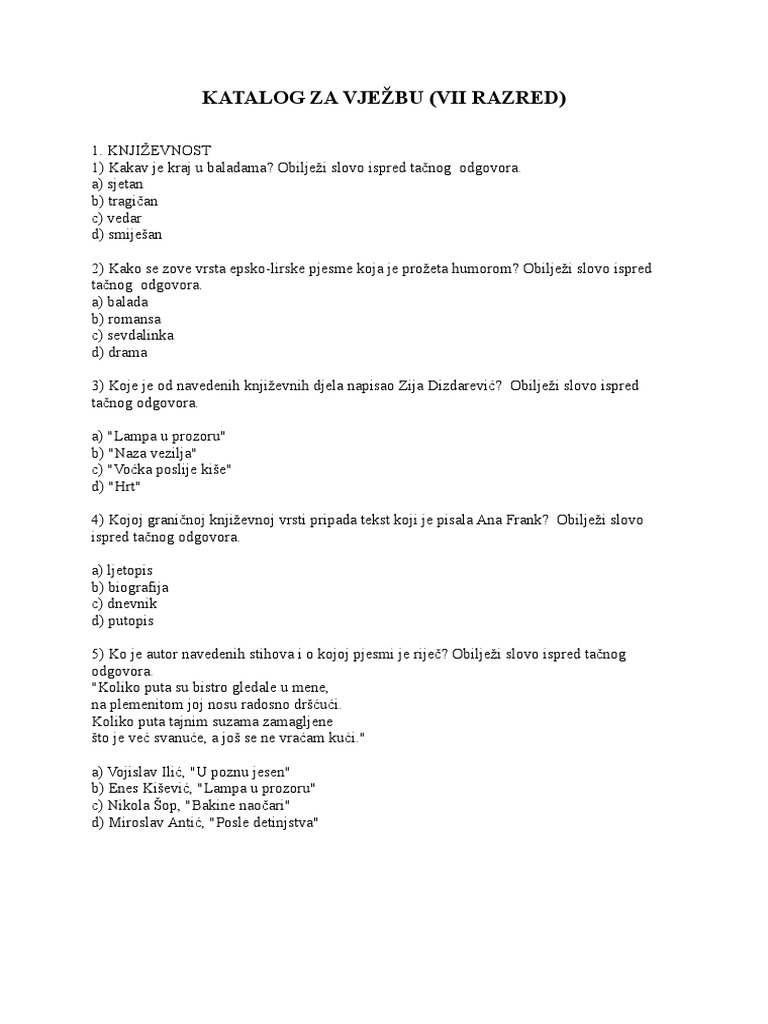 Katalog Za Vježbu, Vii Razred | PDF