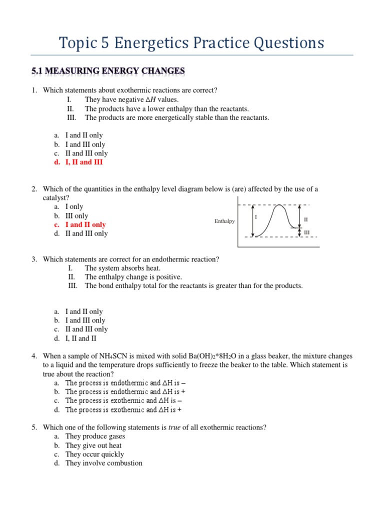 2 Topic 5 Energetics Practice Questions PDF