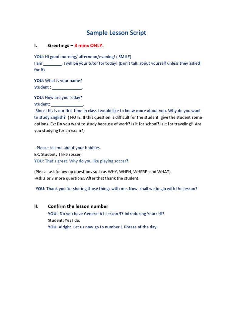 Sample Lesson Script For General A1 Lesson 5 | PDF