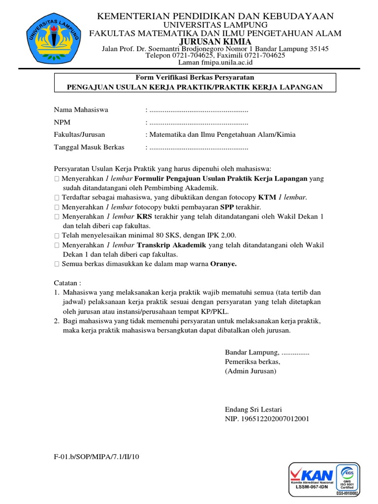 Form Pendaftaran PKL | PDF