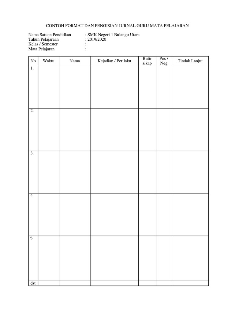 Contoh Format Dan Pengisian Jurnal Guru Mata Pelajaran | PDF