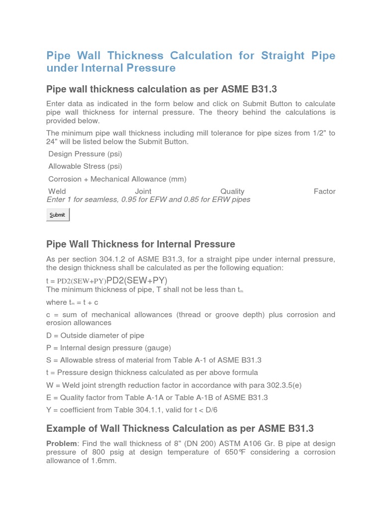 Pipe Wall Thickness Calculation Guide | PDF | Technology & Engineering