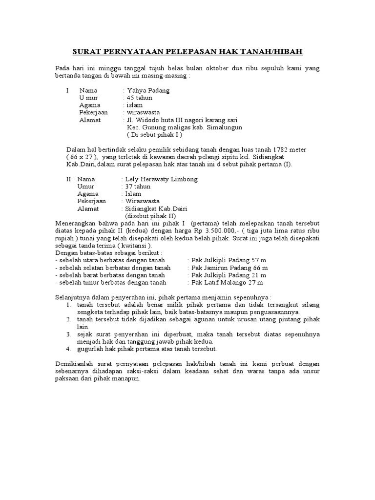 Suratpernyataan Pelepasan Hak Tanah