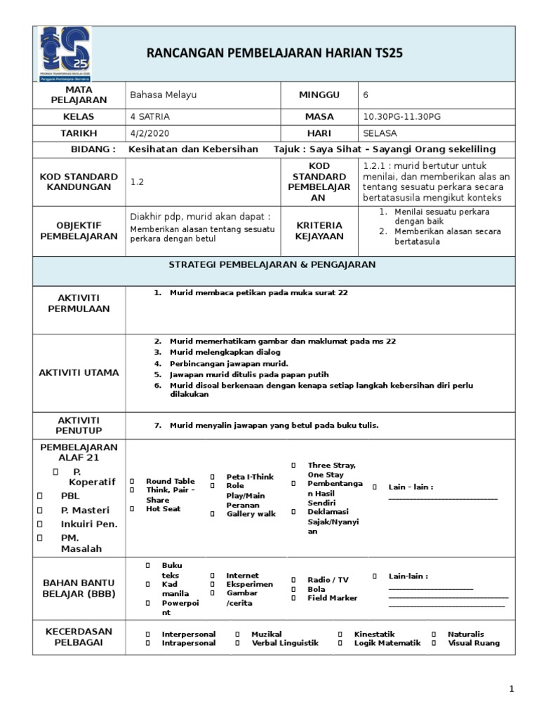 RPH BM Tahun 4 KSSR Semakan Unit 4 Saya Sihat  PDF
