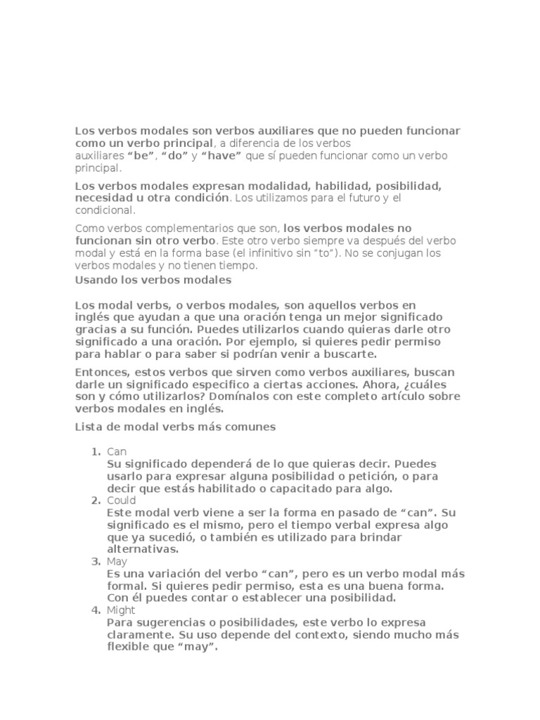 Guía Completa de Verbos Modales en Inglés | PDF | Verbo | Conjugación ...