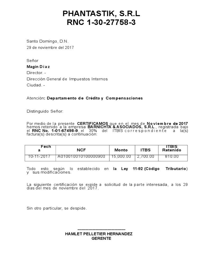 Modelo Carta De Retenciones Pagos Gobierno