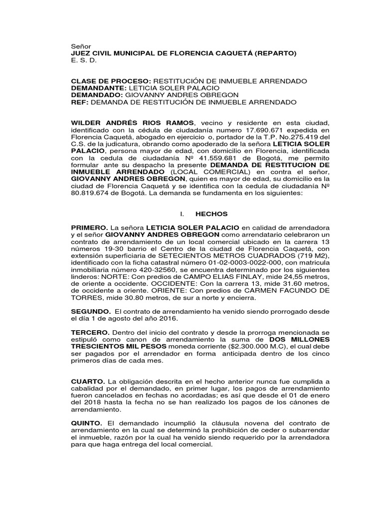 Minuta Demanda Restitución Inmueble Arrendado. | PDF | Alquiler | Gobierno
