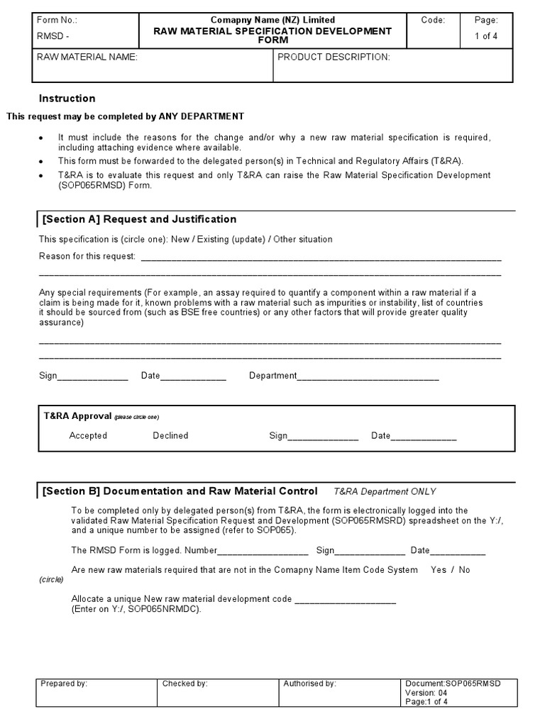 Raw Material Specification Development Form | PDF