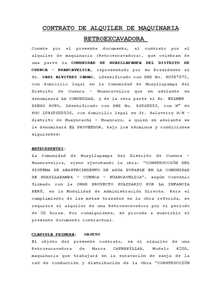 Contrato de Alquiler Retroexcavadora Huancavelica | PDF