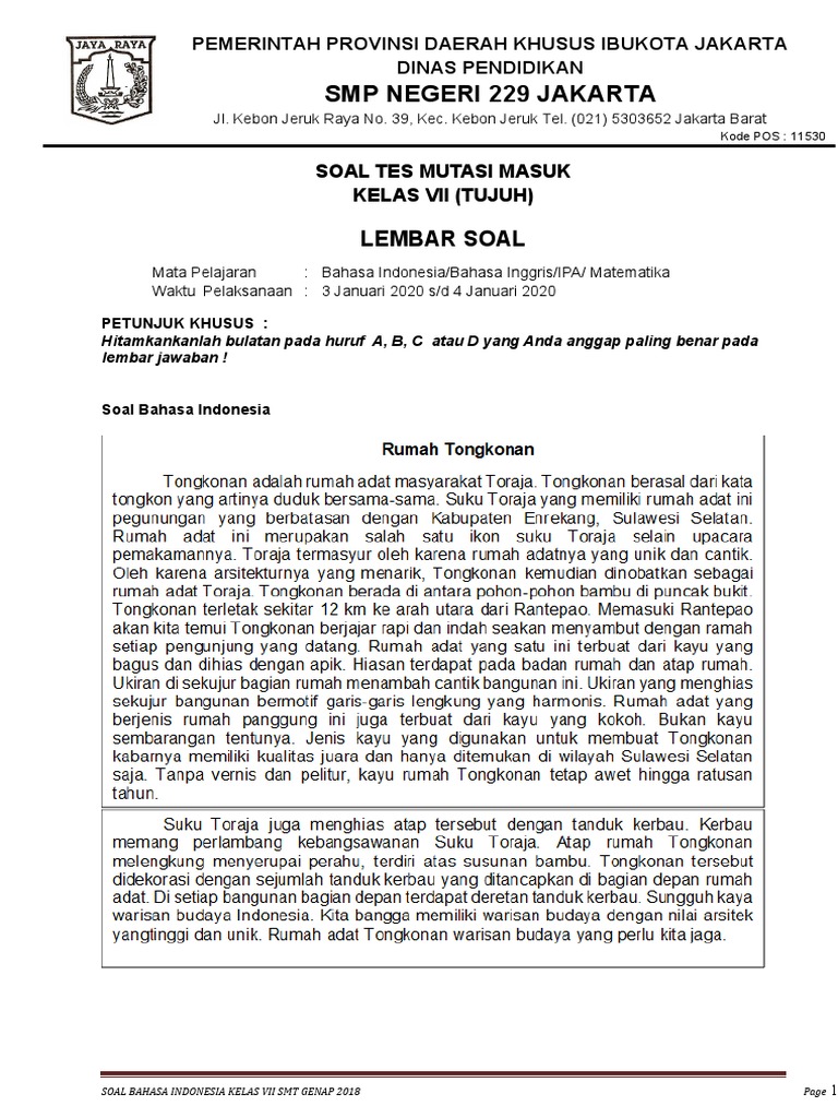 Soal Tes Mutasi Masuk Kelas 7