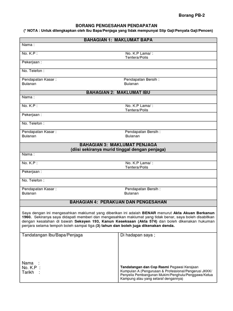 27 12 2018 Borang Pb2 Borang Pengesahan Pendapatan Pdf