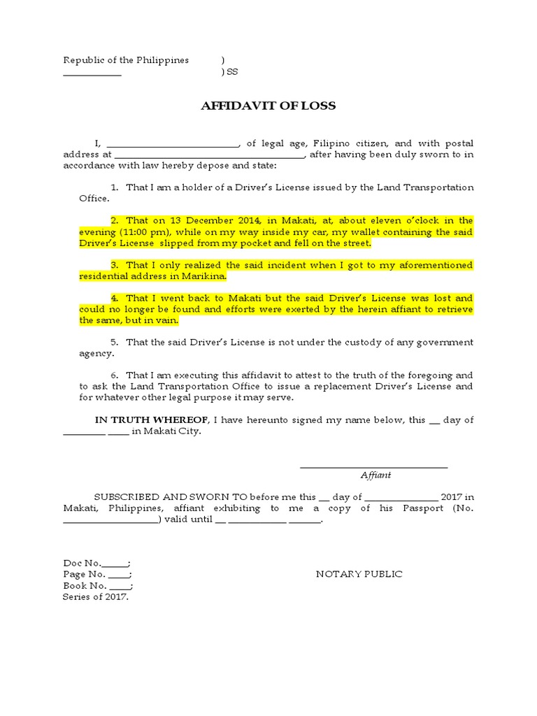 Affidavit of Loss (Sample 2) PDF