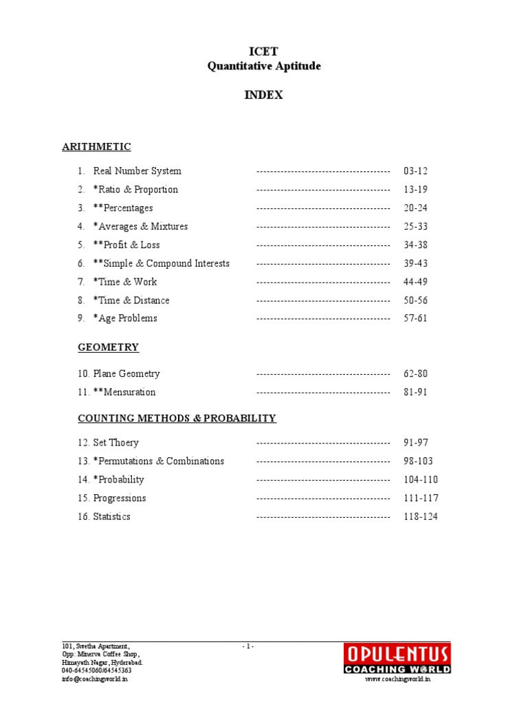 Icet Quantitative Aptitude Index: Arithmetic | PDF | Percentage ...