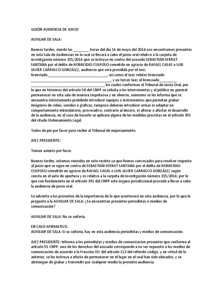 Guion de Audiencia A JUICIO ORAL | PDF | Testigo experto | Juez