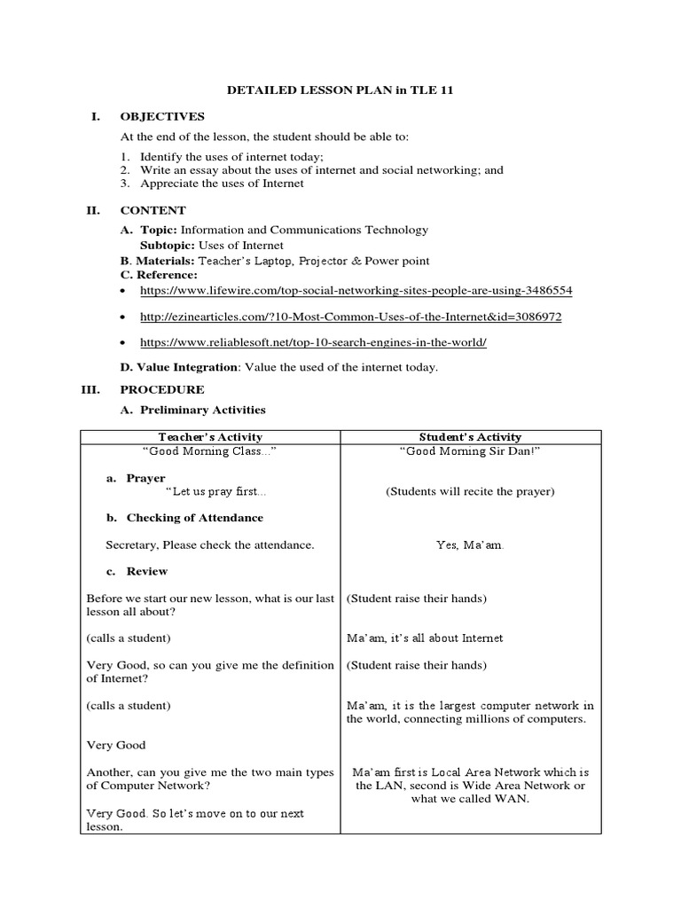 TLE 11: Internet Uses Lesson Plan | PDF