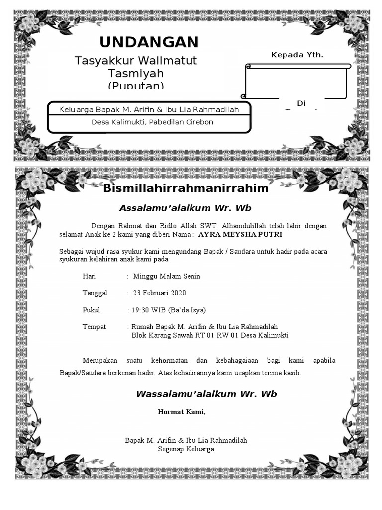 Undangan Syukuran Kelahiran Ayra Meysha | PDF