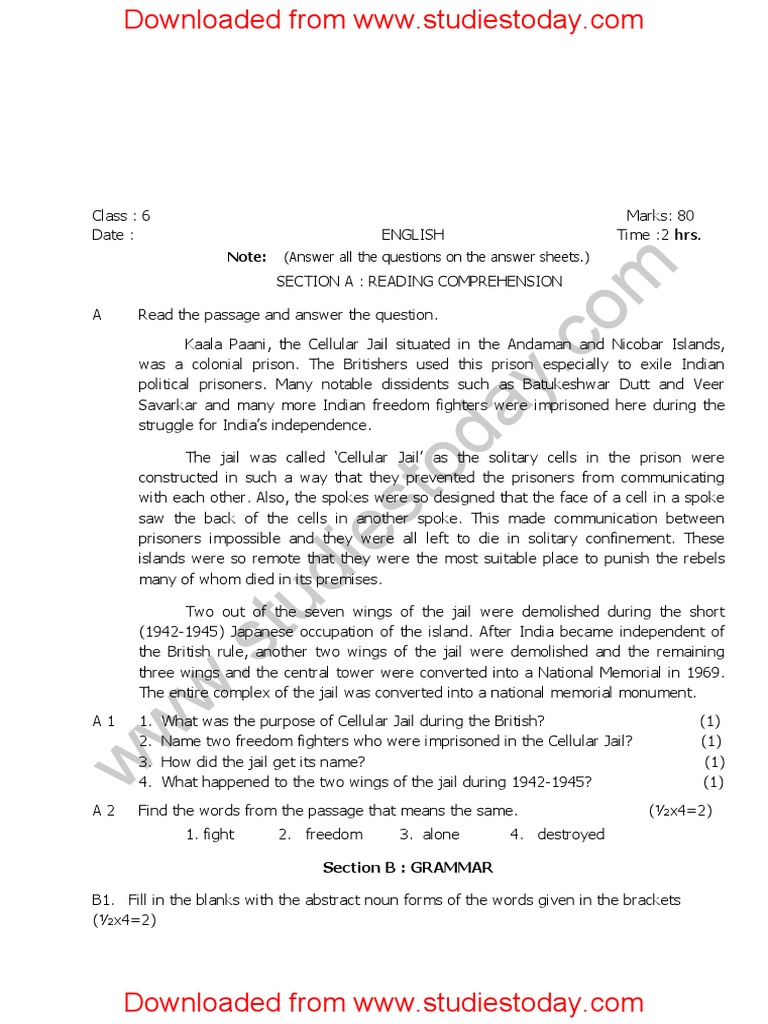 CBSE Class 6 English Question Paper Set A PDF