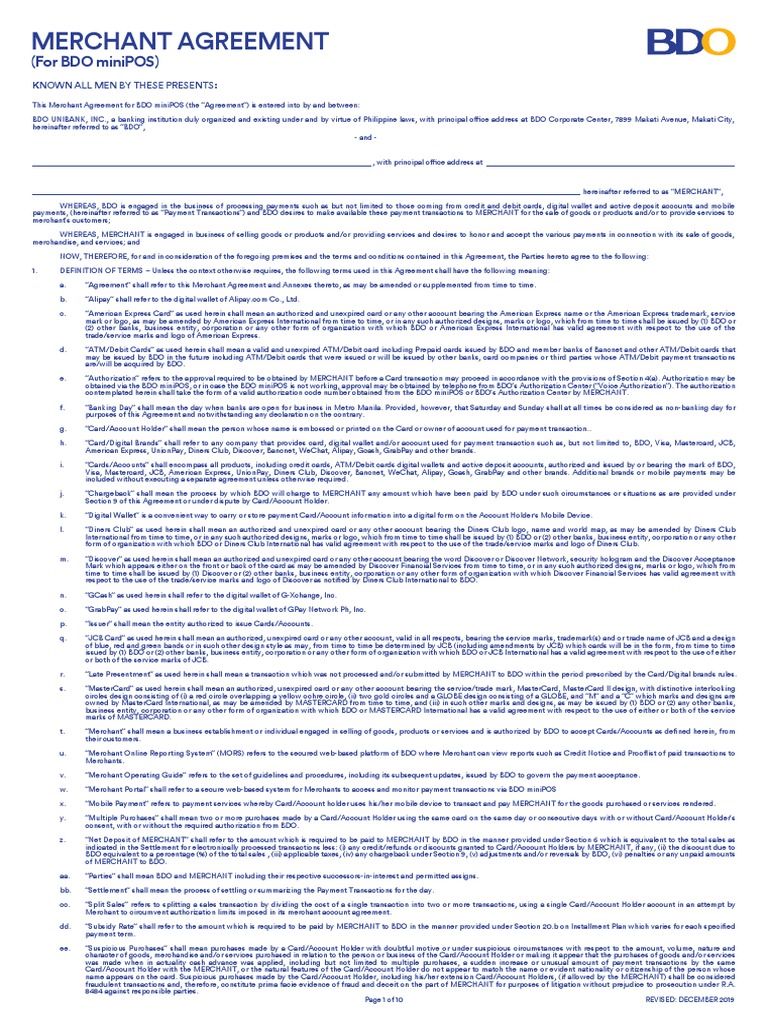 Bdo Minipos Merchant Agreement