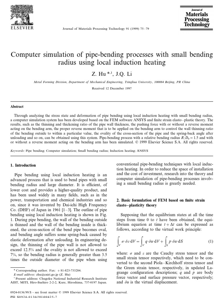 Computer Simulation of Pipe-Bending Processes With Small Bending Radius ...