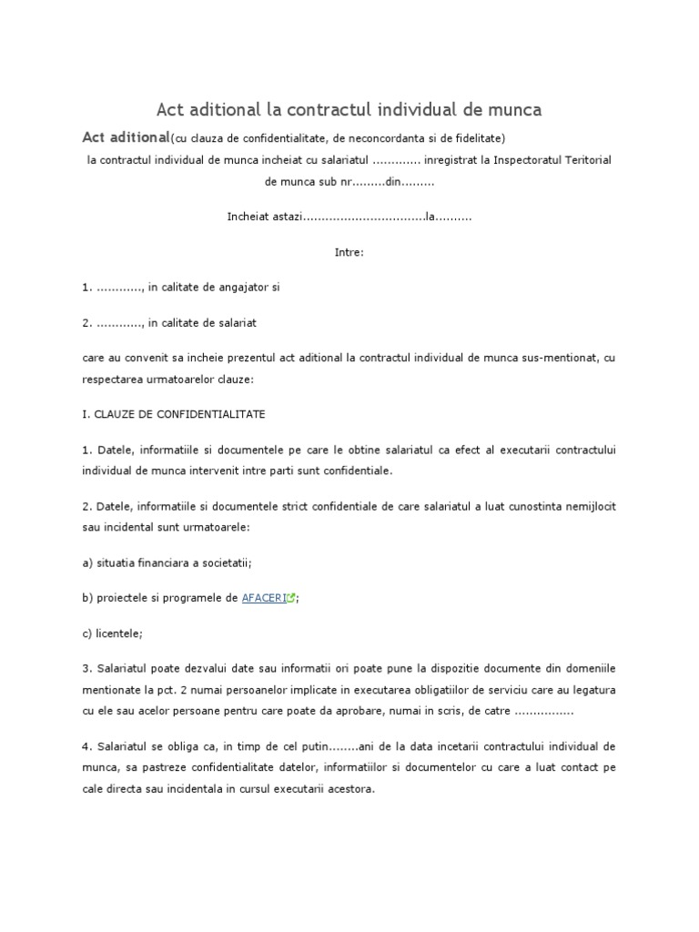 Act Aditional La Contractul Individual de Munca Clauze ...