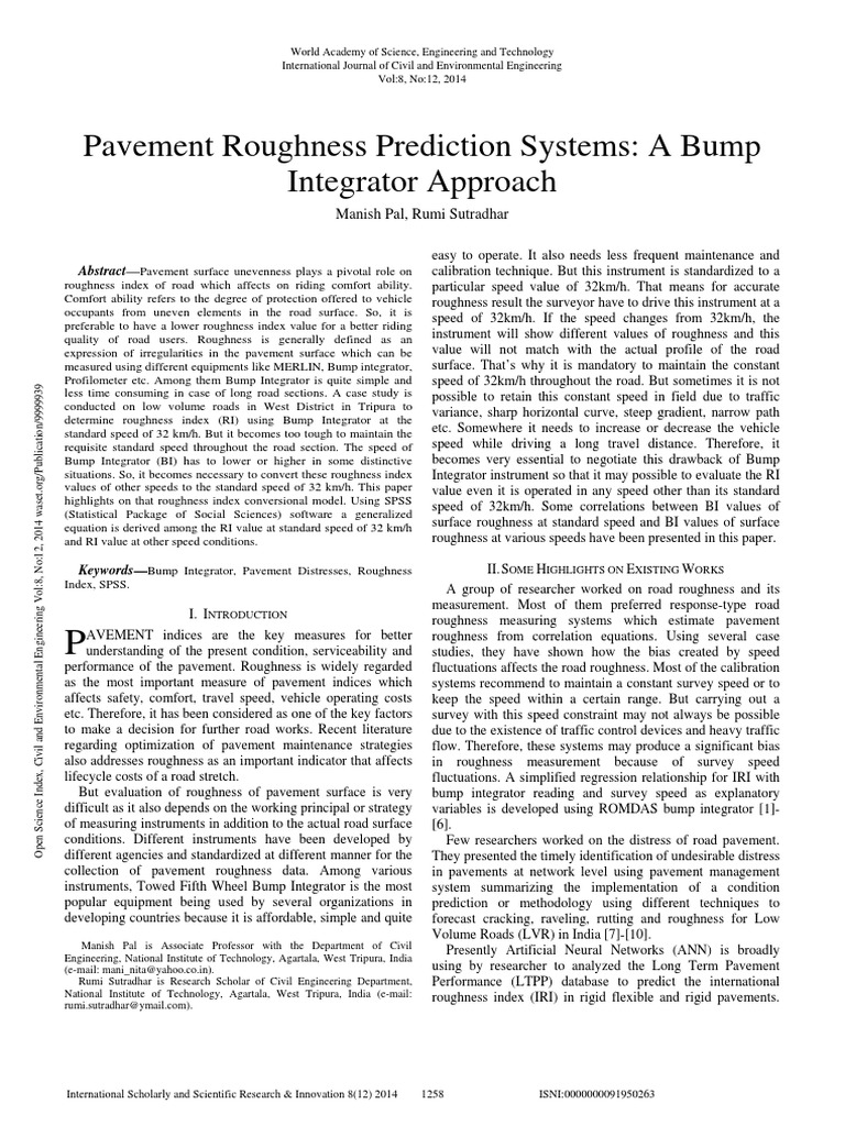 Pavement Roughness Prediction Systems A Bump Integrator Approach | PDF