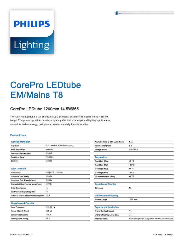 CorePro LEDtube 1200mm 14.5W 6500K T8 1600lm 30,000hrs PDF | PDF
