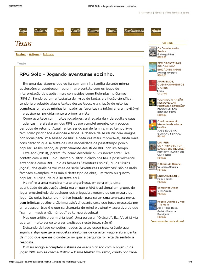 RPG Solo: Aventuras sem mestre | PDF