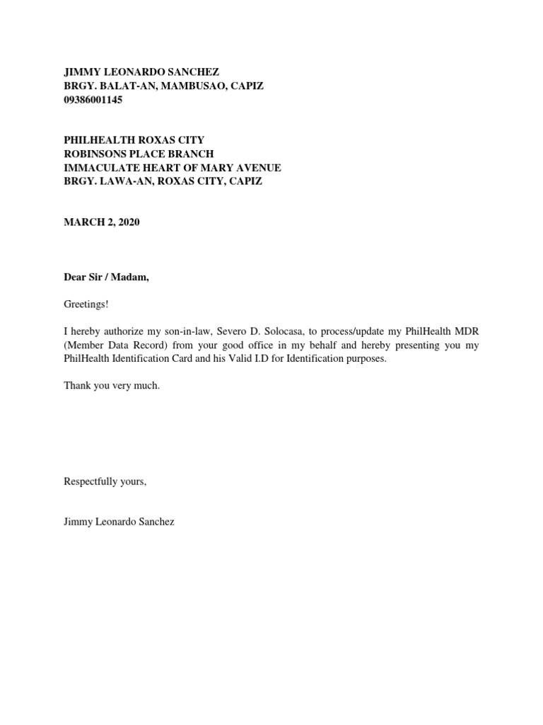 Sample Authorization Letter To Process Documents In Philhealth ...