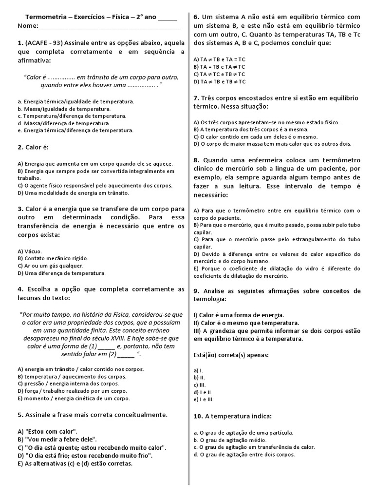 Exercícios de Termometria e Calor | PDF | Temperatura | Calor