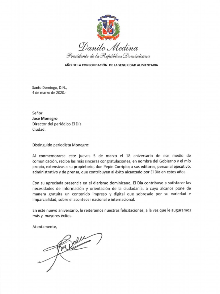 Carta de felicitación del presidente Danilo Medina con motivo del 18