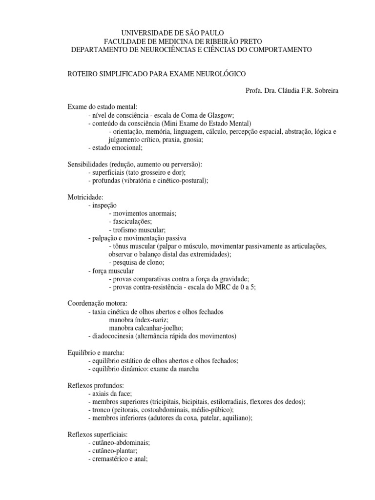 Roteiro Para Exame Neurológico Simplificado Pdf