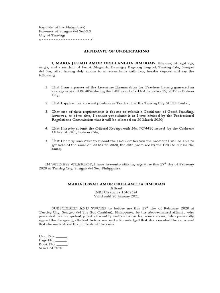 Affidavit of Undertaking Teacher | PDF