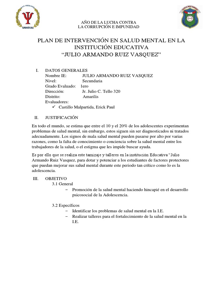 Plan de Salud Mental en I.E. Ruiz Vásquez | PDF
