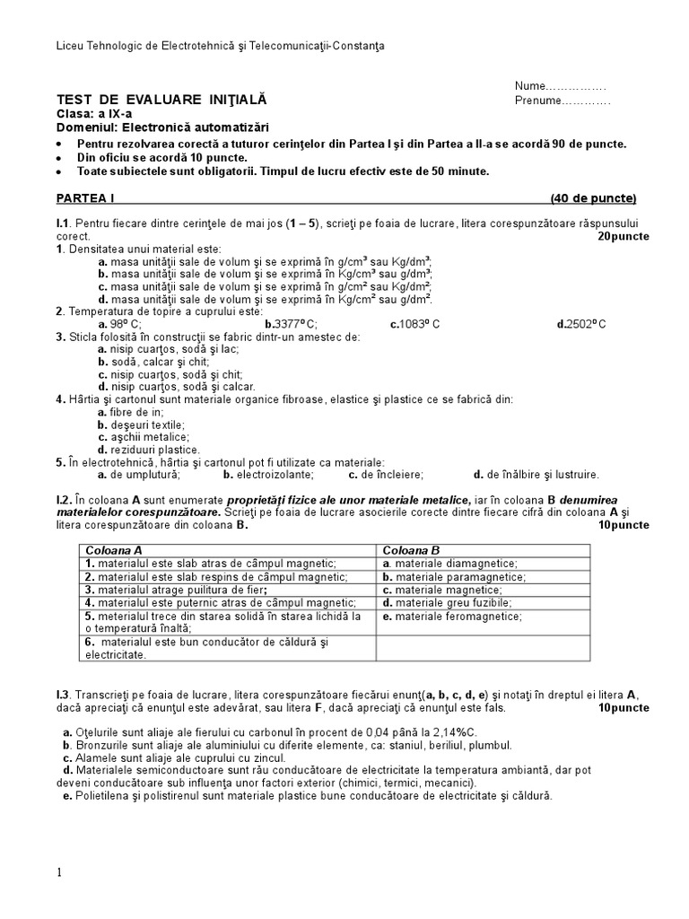 Test Initial IX Electronica - Automatizari 9 B - C - E | PDF